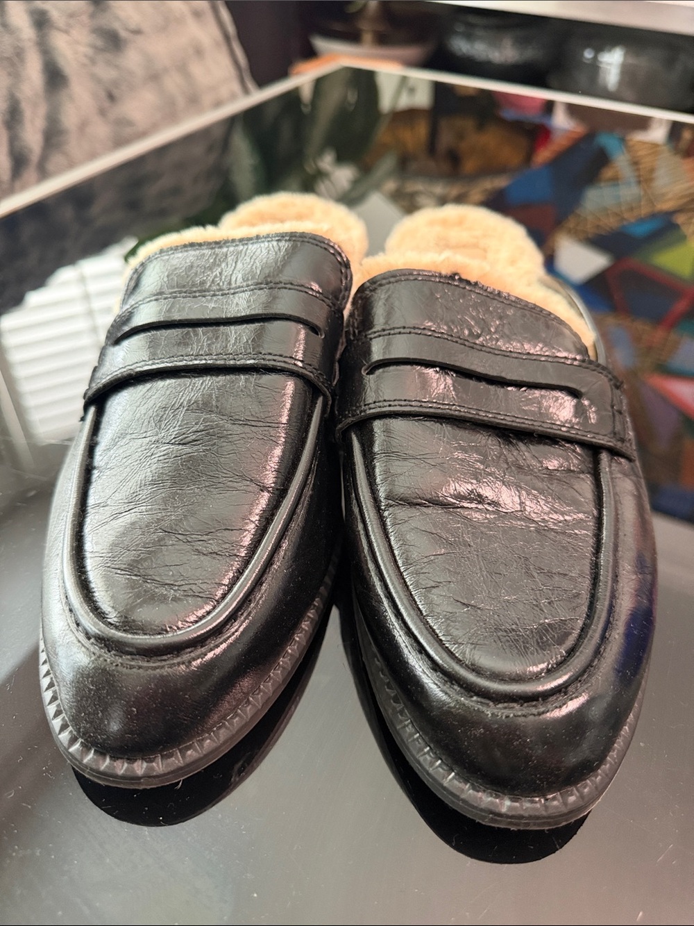 Dolce Vita Black Faux-Leather Shearling-Lined Slip-On Loafers